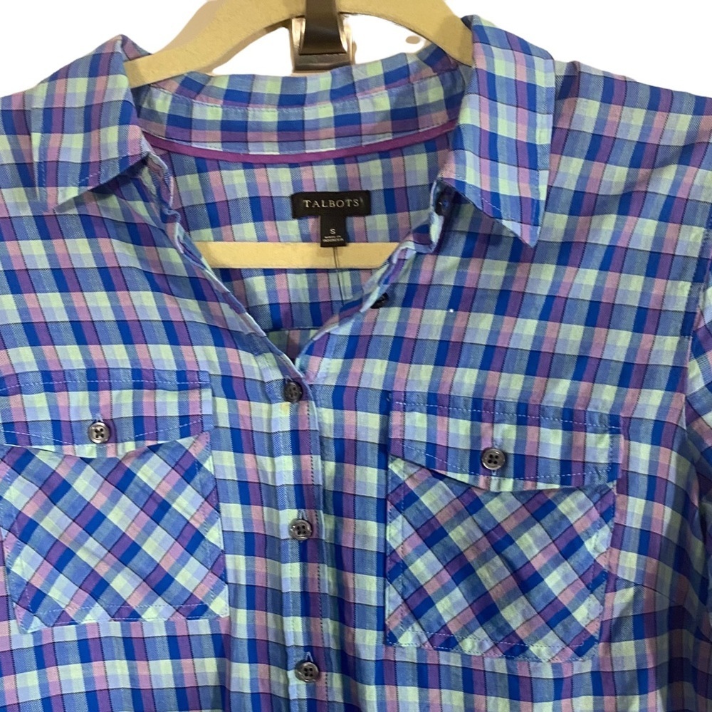 Talbots Pastel Blue Plaid Button Down 100% cotton Sz Small - Picture 4 of 7